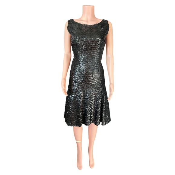Vintage 1960s Frances Prisco Black Sequin Fit & Flare Cocktail Dress Size Large - Picture 1 of 8